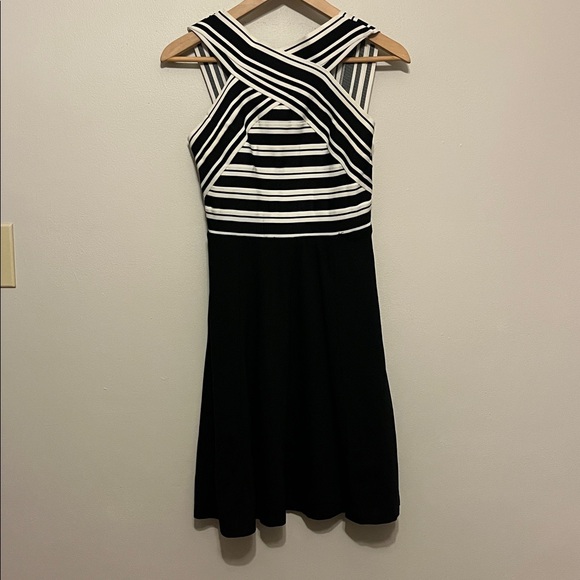 Anthropologie Maeve Striped Crosswise Fit Flare Dress black white - Picture 5 of 9